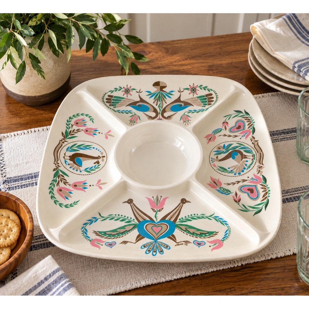 Vintage 60s Pennsylvania Dutch Symbols Melamine Chip and Dip Tray Folk Art 13in